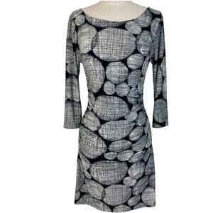 KamaliKulture black white midi dress, ladies small 3/4 sleeve ruched geometric